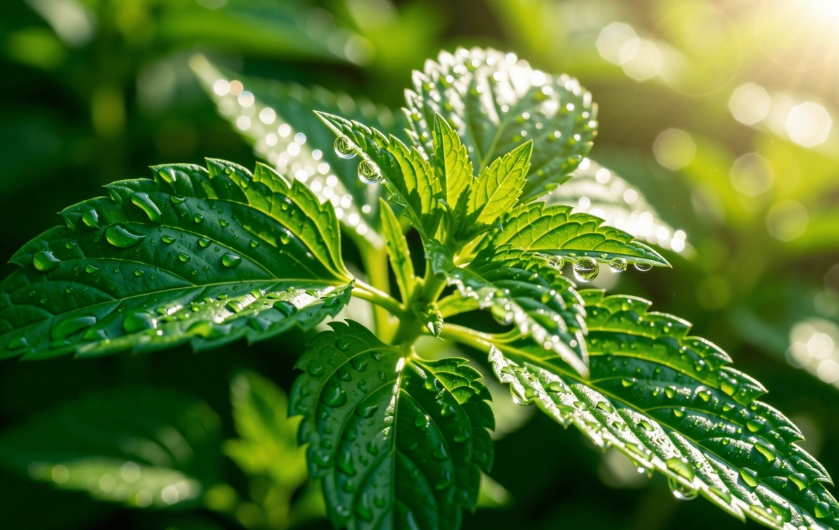 Fresh botanical leaves with dew